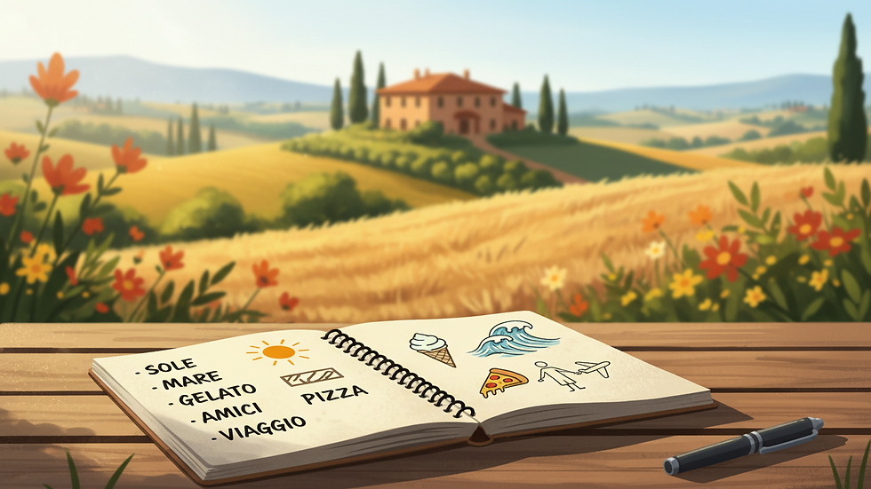 Close-up view of a notebook with Italian vocabulary words