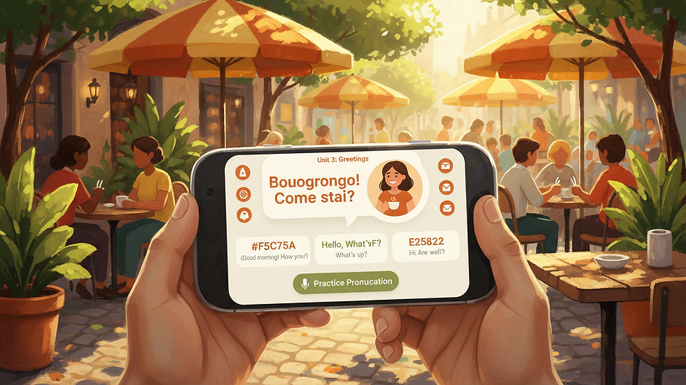 Eye-level view of a smartphone displaying a language learning app interface