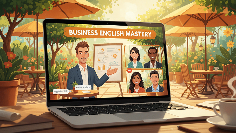Close-up view of a laptop screen showing an online business English lesson