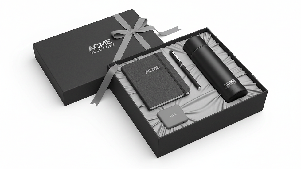 High angle view of a corporate gift delivery box with branded items inside