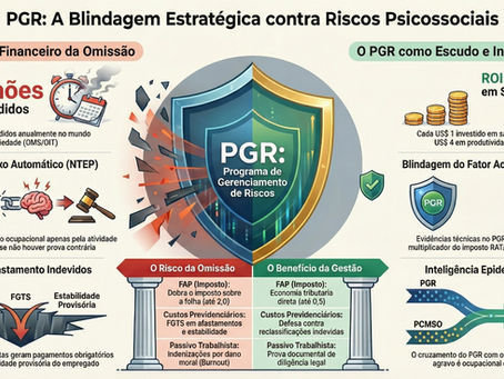 “Infográfico sobre PGR e riscos psicossociais na NR-1: impacto financeiro da omissão, NTEP, FAP, ROI 4 para 1 em saúde mental e integração PGR com PCMSO.”
