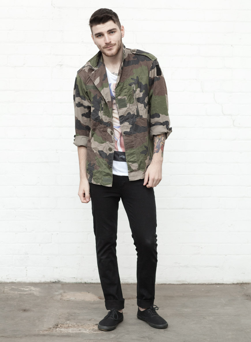 black jeans camo shirt