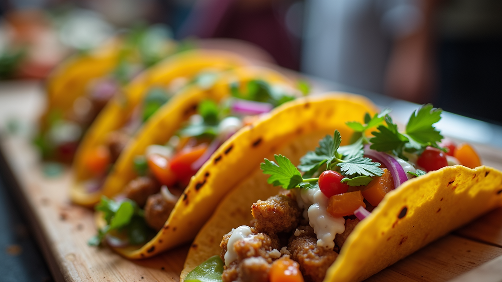 Close-up view of colorful Mexican street food tacos