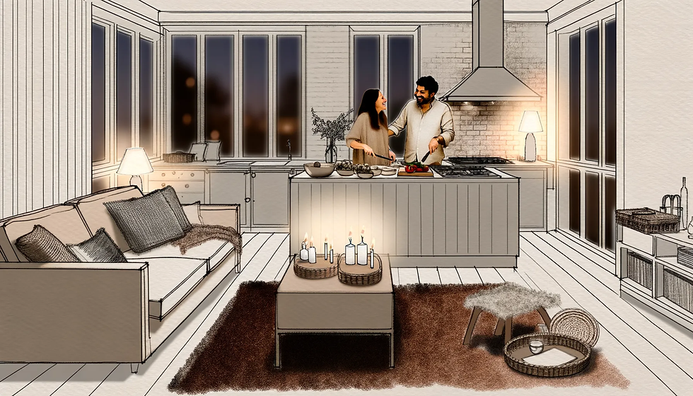 Couple cooking together in open kitchen