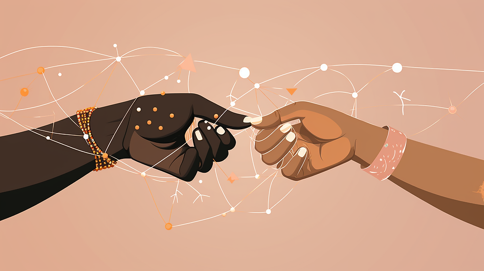 Interlinked diverse hands symbolizing unity with speech bubbles showcasing elements of effective communication against a calming twilight background.