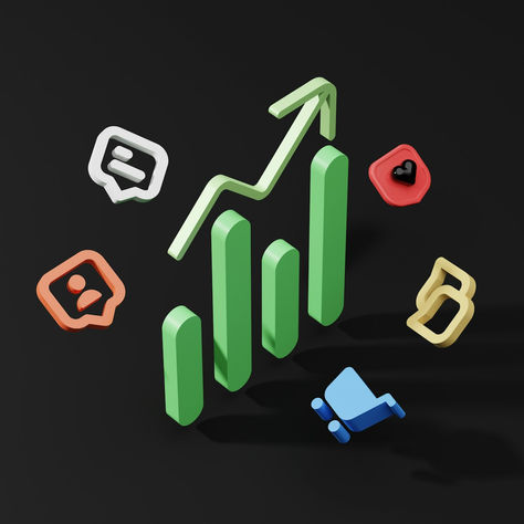 Social media funnel concept with upward growth chart, likes, and engagement icons on dark background