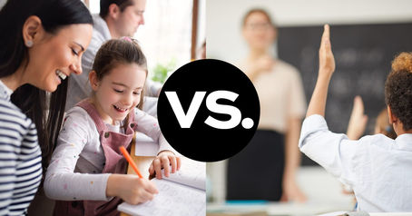 Parent teaching a child at home compared to a student raising their hand in a classroom at prrivate school