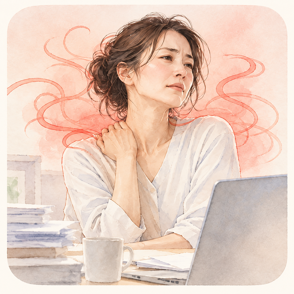 肩に手を添え、気が張って力を抜けない様子の40代女性。自律神経のゆらぎAタイプ・肝気鬱滞を表した水彩イラスト