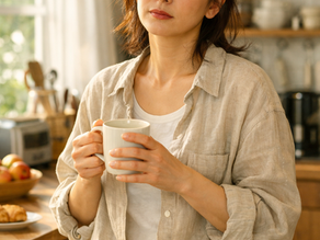 朝のキッチンで温かい飲み物を持ちながら疲れた表情を見せる40代女性