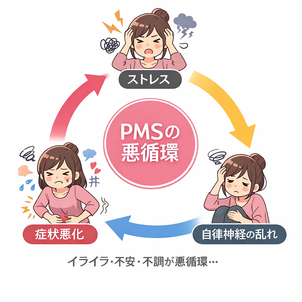 PMSの悪循環 ストレス 自律神経の乱れ 症状悪化のイメージ図
両国 鍼灸 PMS 改善 女性 自律神経ケアのイメージ