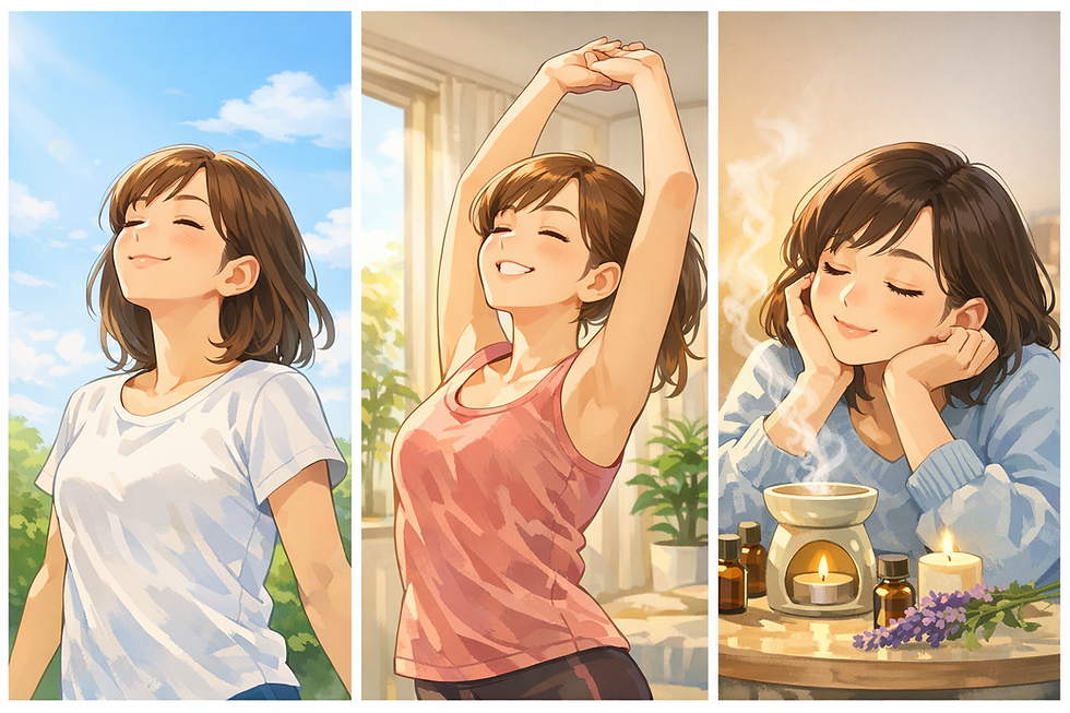 PMSセルフケア・深呼吸やストレッチ、アロマでリラックス