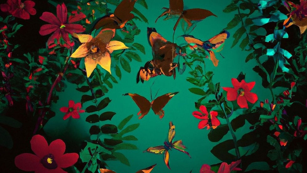 imagen de ilustracion de una selva con flores y mariposas amarillas