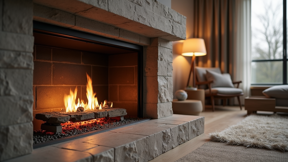 Eye-level view of modern gas fireplace with stone surround