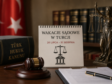 Wakacje sądowe w Turcji – kalendarz z datami 20 lipca–31 sierpnia, młotek sędziowski, kodeks prawny, Temida i flaga Turcji.