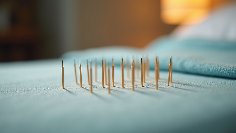 Close-up view of acupuncture needles on a treatment table