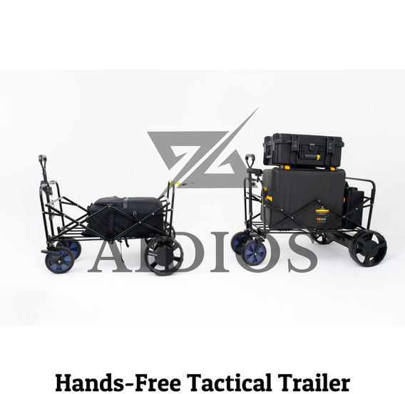 Collapsible tactical utility trailer designed for hands-free mobility during explosive ordnance disposal operations