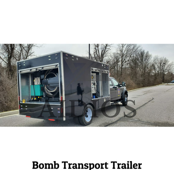 3D rendering of a bomb transport trailer showing internal containment vessel and loading ramp for safe transport of explosive devices