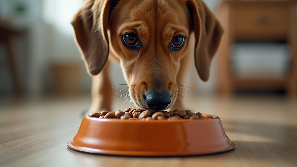 Eye-level view of a dog eating from a bowl of premium dog food