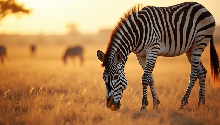 Eye-level view of a zebra calmly grazing on a sunlit savannah