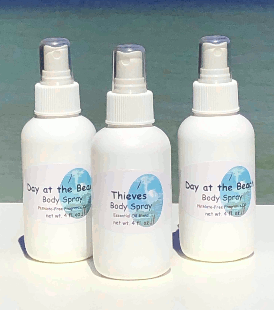 3-4 ounce white spray bottles containing body spray