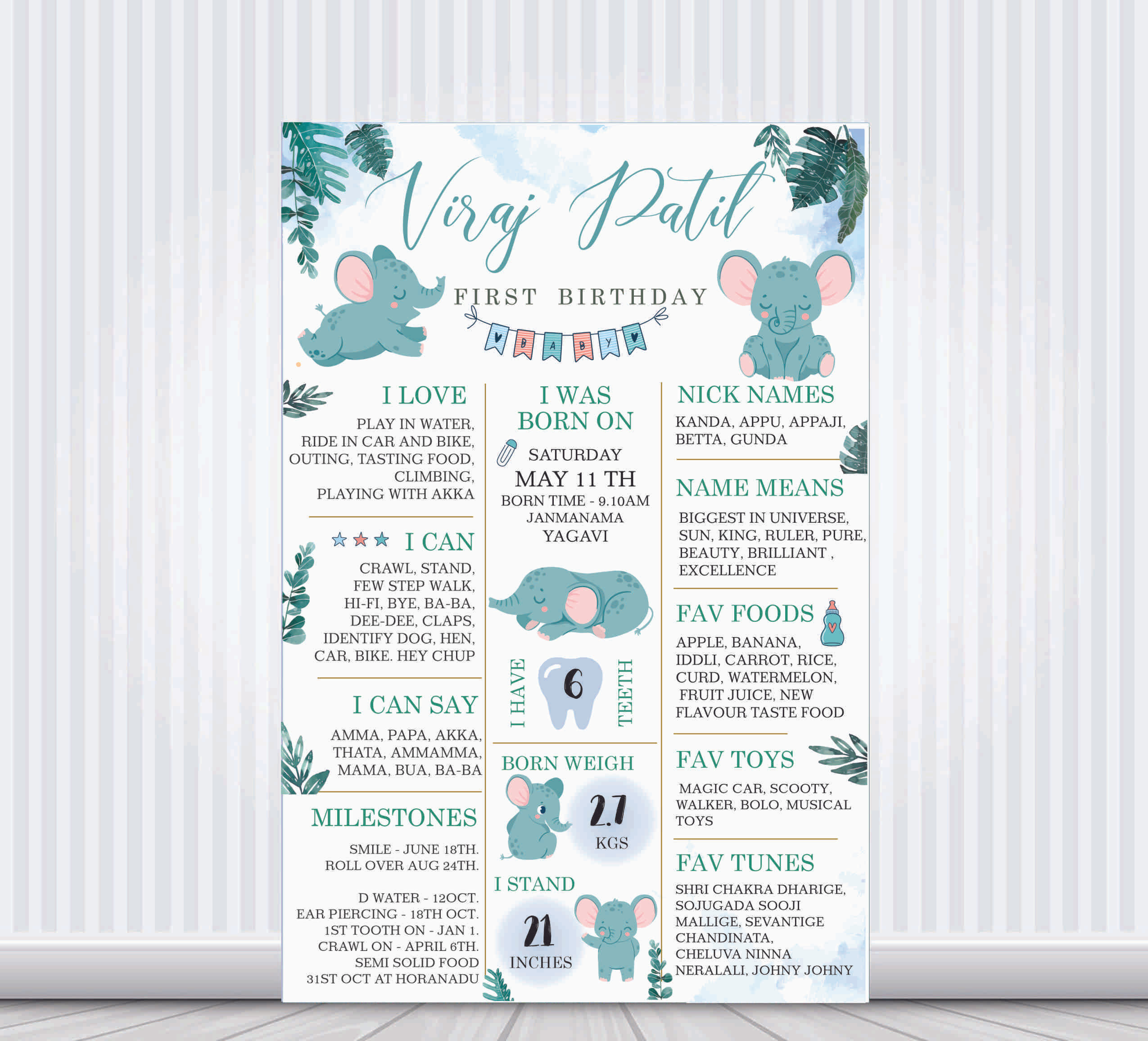 Baby Elephant Customized Chalk Board / Milestone Poster for  birthday