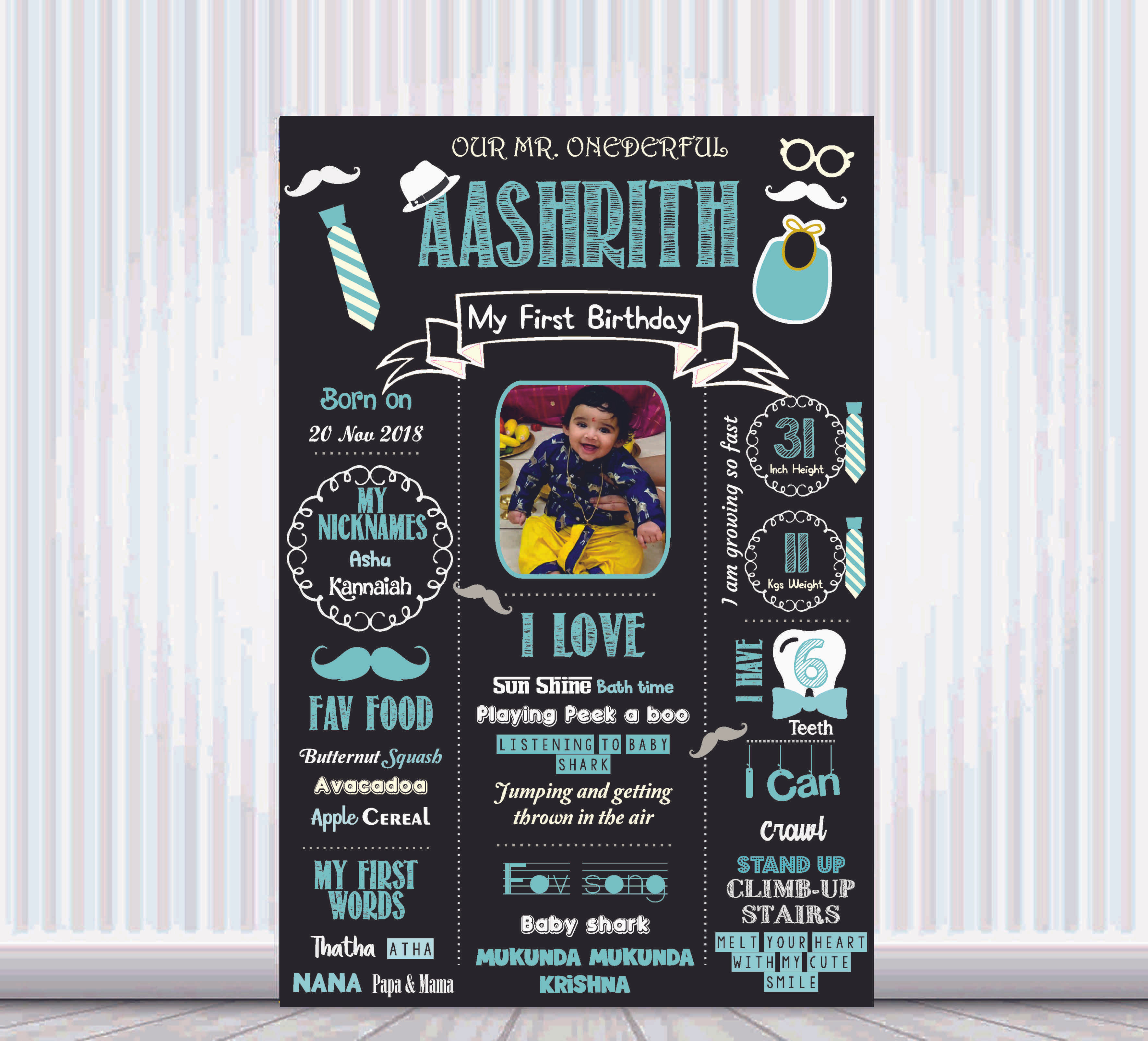 Mr One Boy theme blue Chalk Board / Milestone Poster