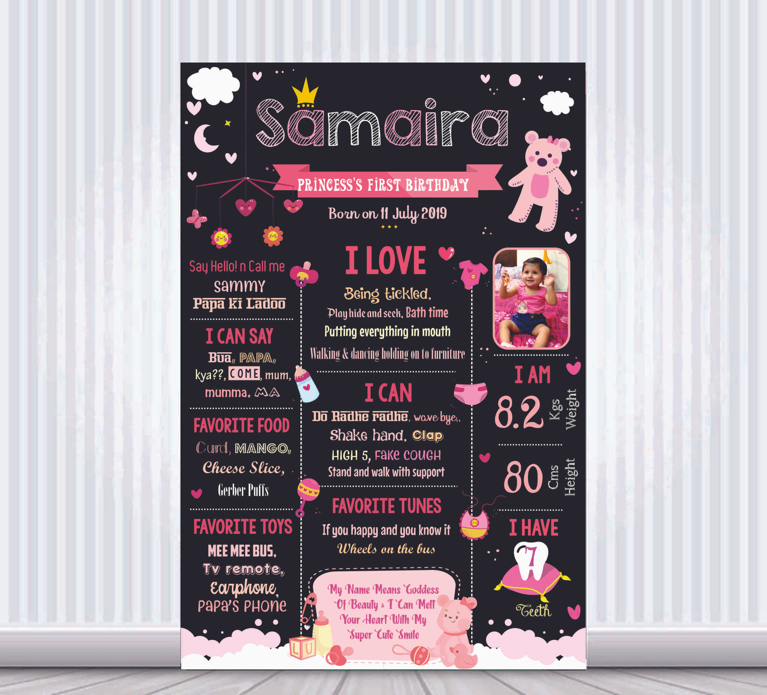 Pink Teddy bear Theme Chalk Board Poster / Milestone board for Birthday