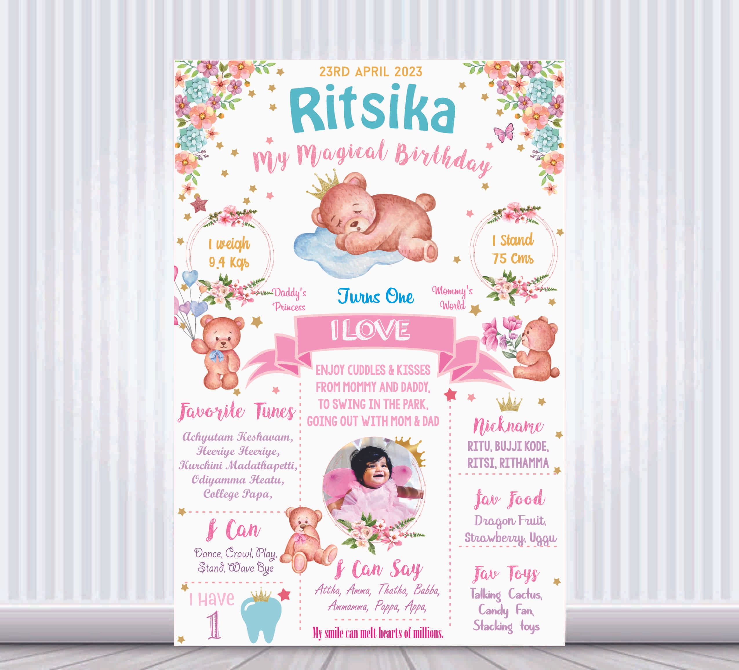 Pink Teddy Theme Chalk Board Poster / Milestone board for Birthda