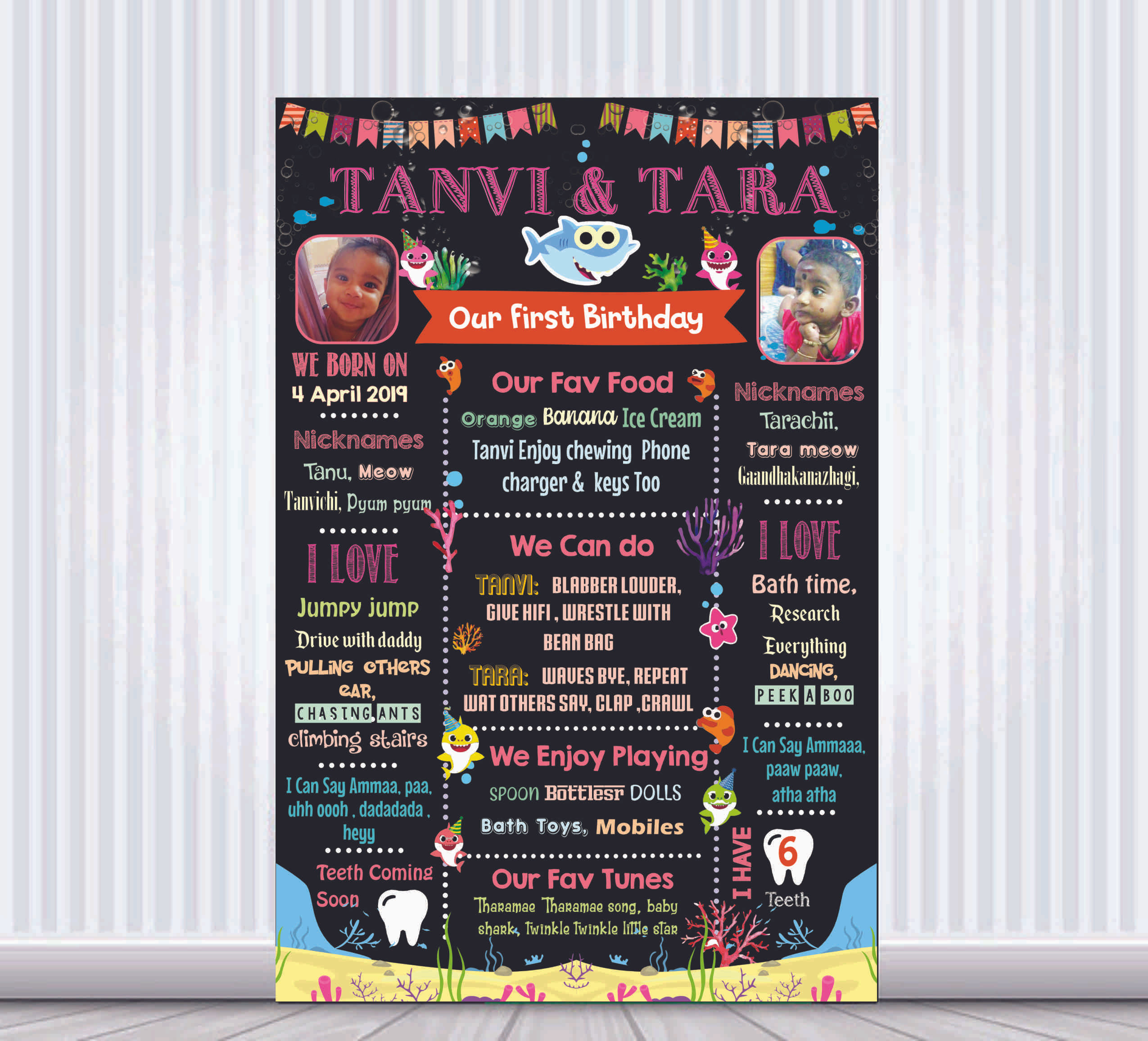 Twin Baby Shark Theme Chalk Board / Milestone Poster For Birthday