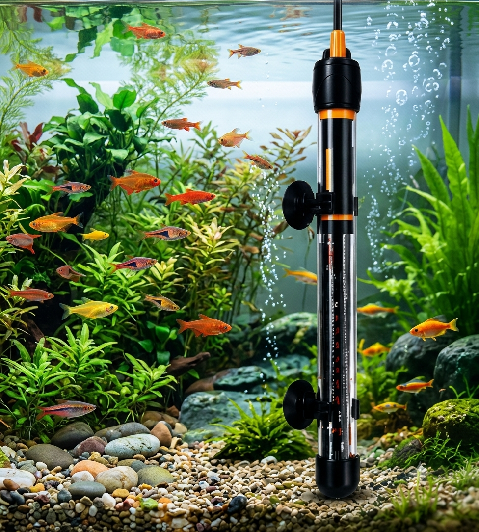 Adjustable aquarium heater installed in a freshwater fish tank