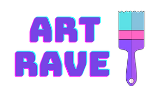 Das Logo Art Rave steht ausgeschrieben in Lila, Pink und Hellblau. Daneben steht der Farbpinsel.