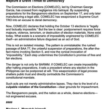 Ranao Charitable Initiatives, maghahain ng impeachment complaint laban kay COMELEC Chairman George Garcia sakaling hindi maidadaos ang 2025 BPE ngayong Oktubre 13
