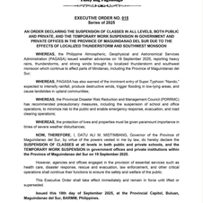 Pasok ng mga mag-aaral sa lahat ng antas sa pribado at pampublikong paarang sa MagSur, maging ang pasok ng mga empleyado sa lahat ng government at private offices, sinuspende ng provincial government 