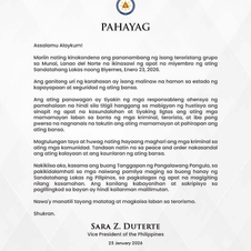 Vice President Sara Duterte, mariin na kinondena ang pananambang ng teroristang grupo sa Munai, Lanao del Norte na ikinasawi ng 4 at ikinasugat ng 1 sundalo