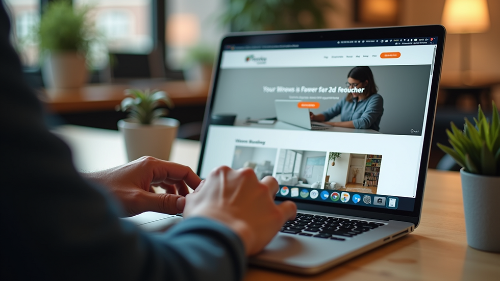 Close-up view of a person typing on a laptop with a website builder open