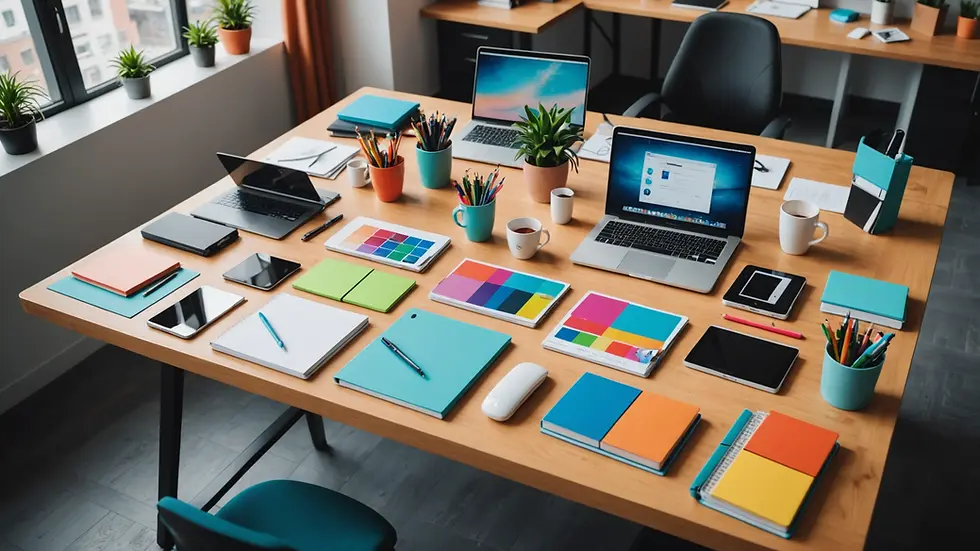 High angle view of vibrant startup workspace with colorful supplies