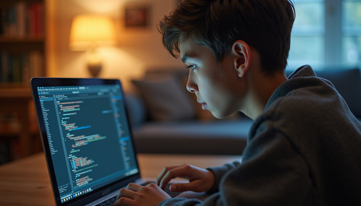 Eye-level view of a teenager working on a laptop with AI coding on the screen