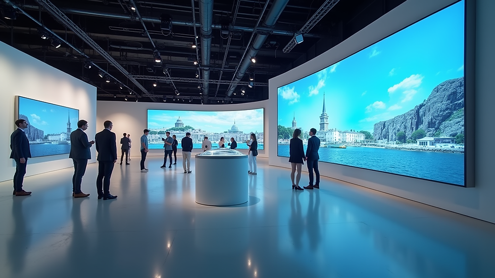 Wide angle view of a spacious exhibition stand with interactive digital displays