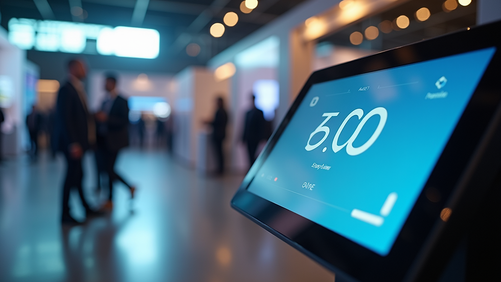 Close-up view of a touchscreen kiosk in an exhibition booth