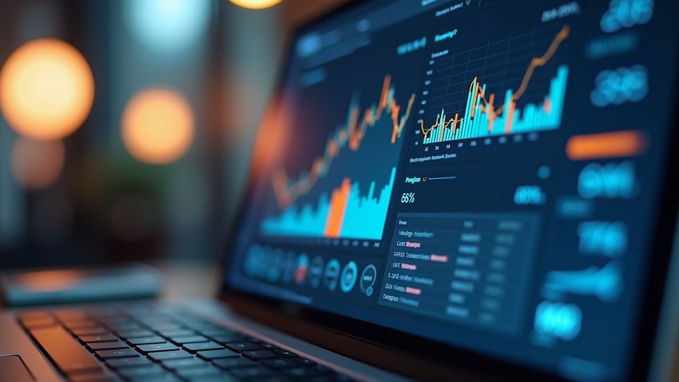 Eye-level view of a digital marketing dashboard showing analytics and graphs