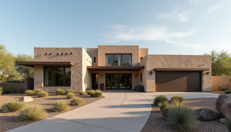 Eye-level view of a luxury custom home exterior in Williamson Valley with natural stone and large windows
