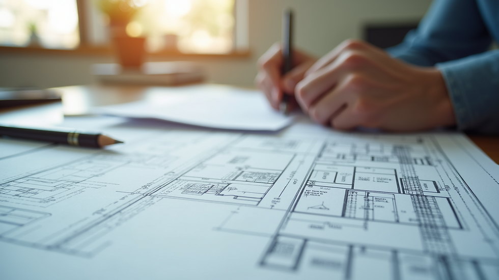 Close-up view of architectural blueprints and design plans on a table