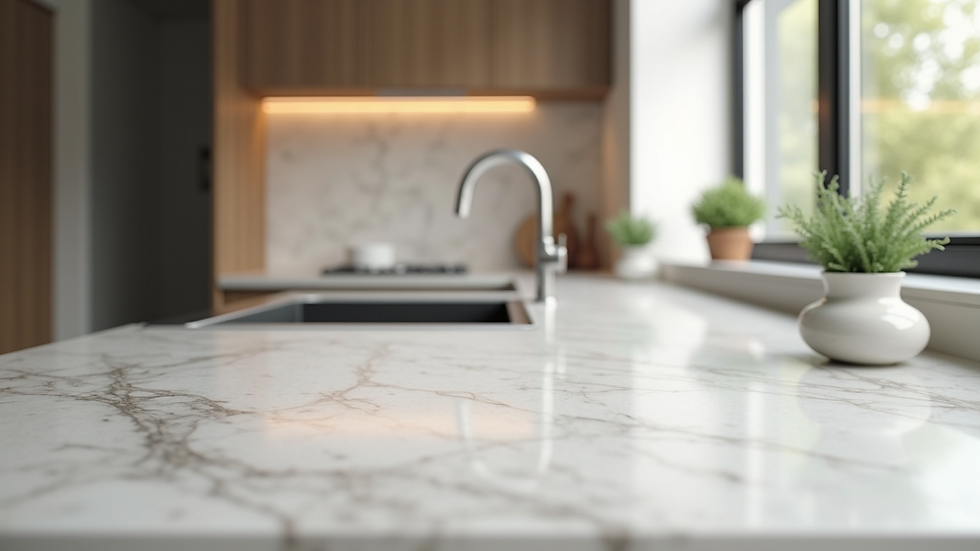 Close-up view of luxury kitchen countertop with marble and custom cabinetry