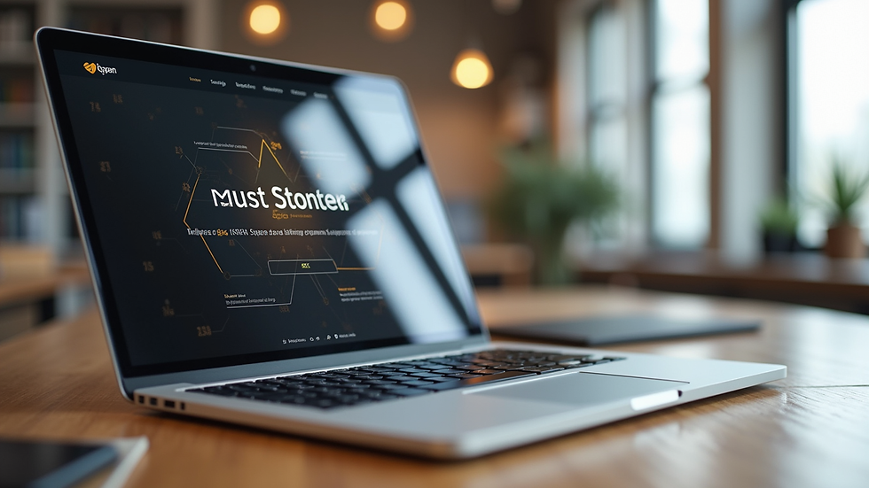 Eye-level view of a modern office desk with a laptop displaying a sleek website design
