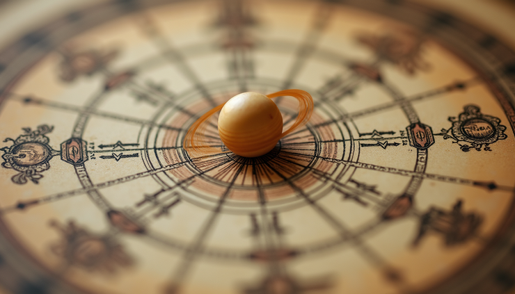 Close-up view of a vintage astrological chart focusing on Saturn’s symbol in the houses