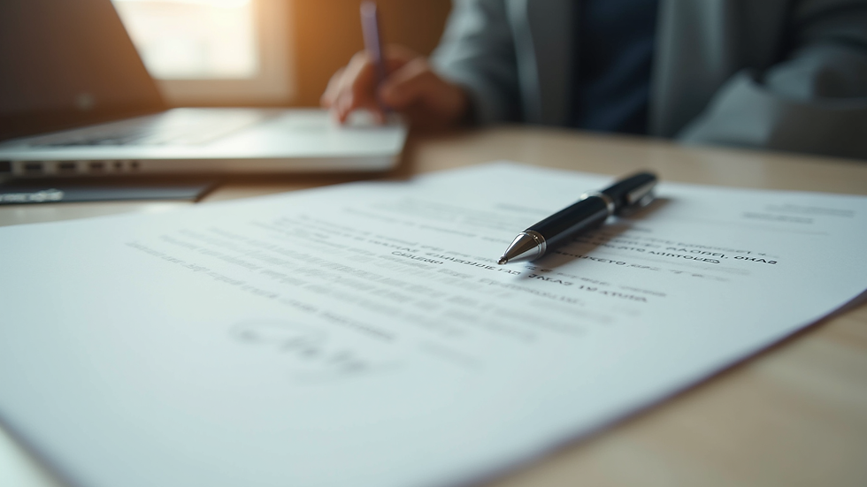 Close-up view of a college acceptance letter on a desk with a pen