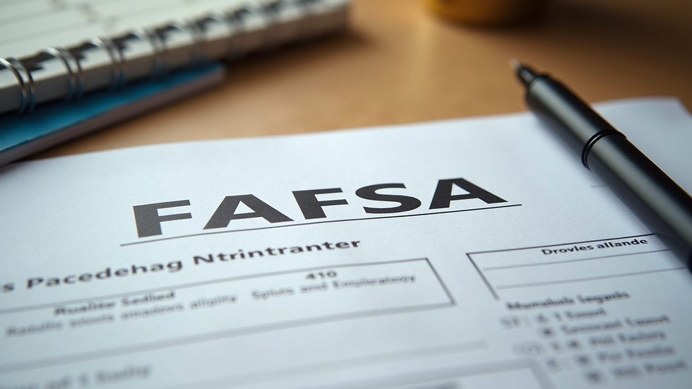 High angle view of a student desk with FAFSA paperwork and a pen