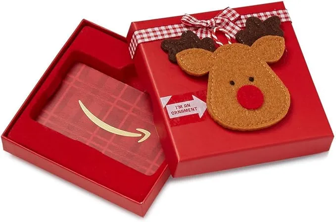 Amazon gift card in a red reindeer box