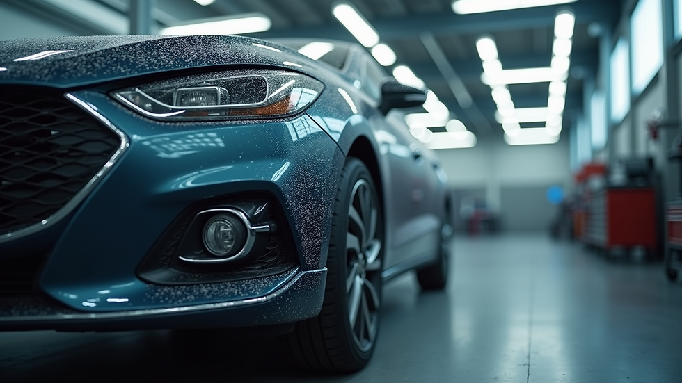 Eye-level view of a car being polished in a professional workshop