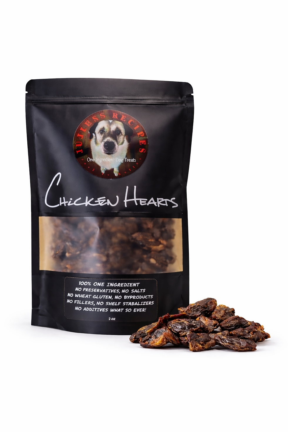 Thumbnail: Jujube's One Ingredient All Natural Chicken Hearts Dog Treats 7oz bag with chicken hearts outside of the bag